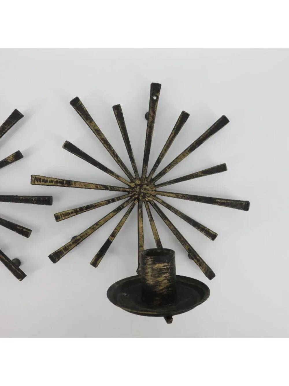 Brutalist Set of 2 Black Gold Metal Starburst Hanging Wall Candle Sconces VTG